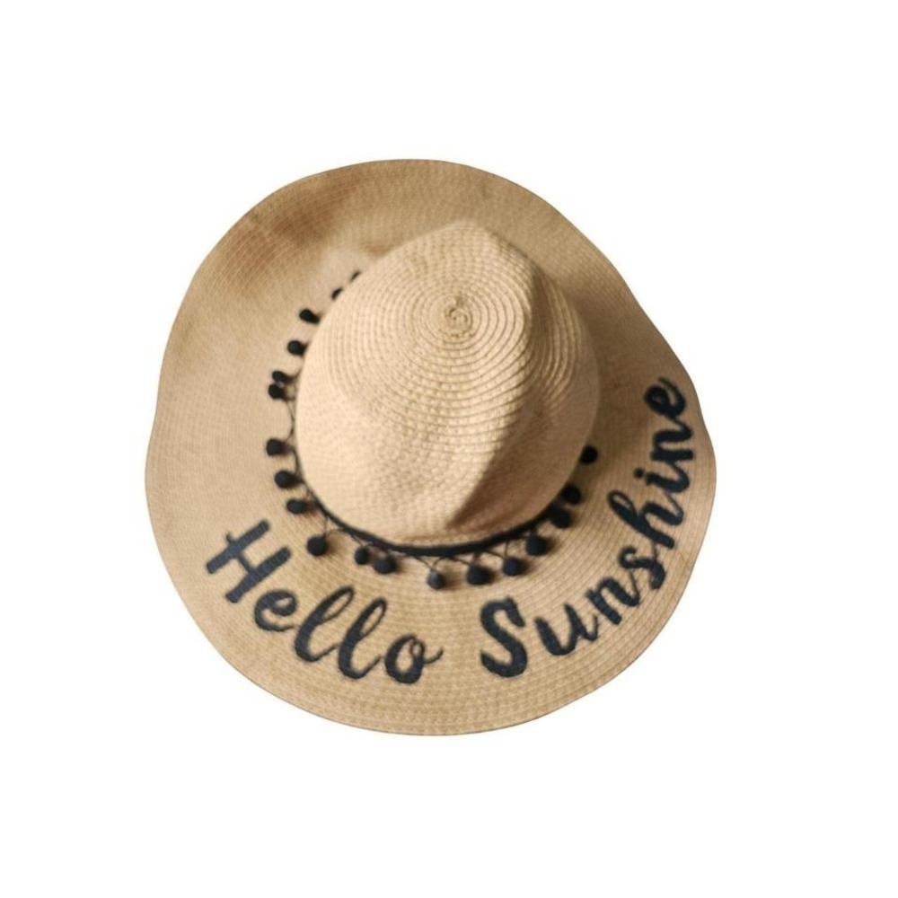 Hello Sunshine Straw Floppy Hat Beach Pool Summer Sun Hat Pom Pom Trim S/M